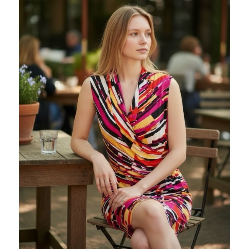 Muse Abstract Print V Neck Faux Wrap Ruched Dress - Picture 2 of 16